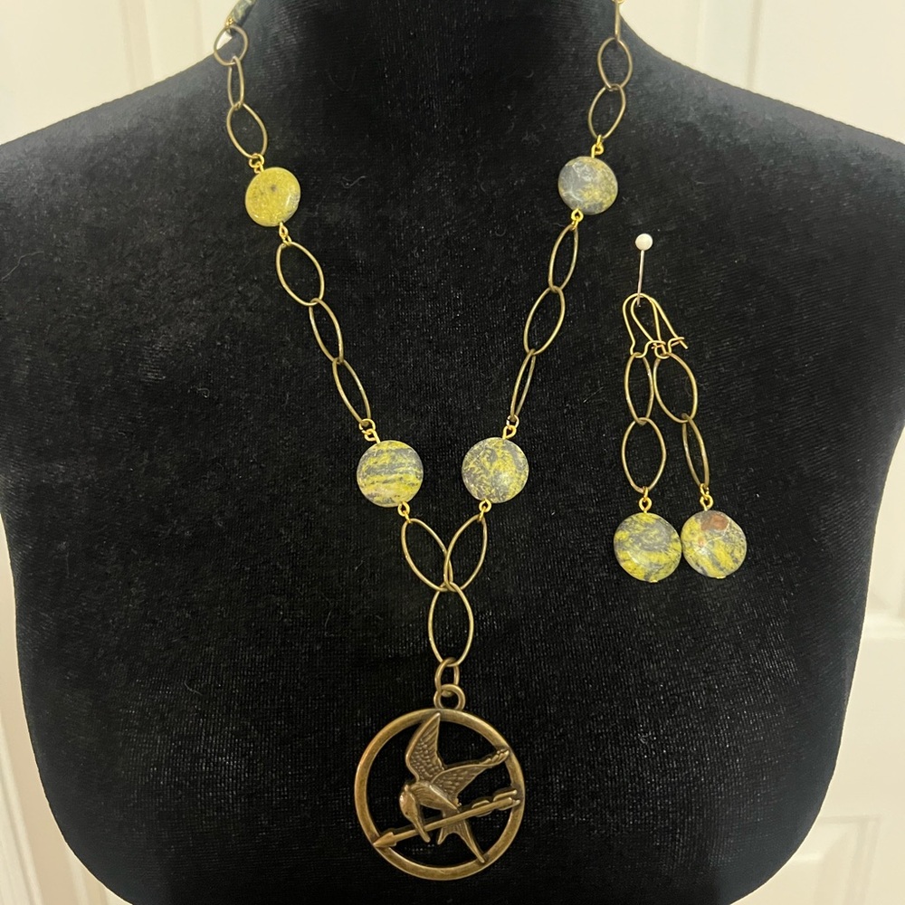 Handmade mockingjay necklace/earring set with green serpentine